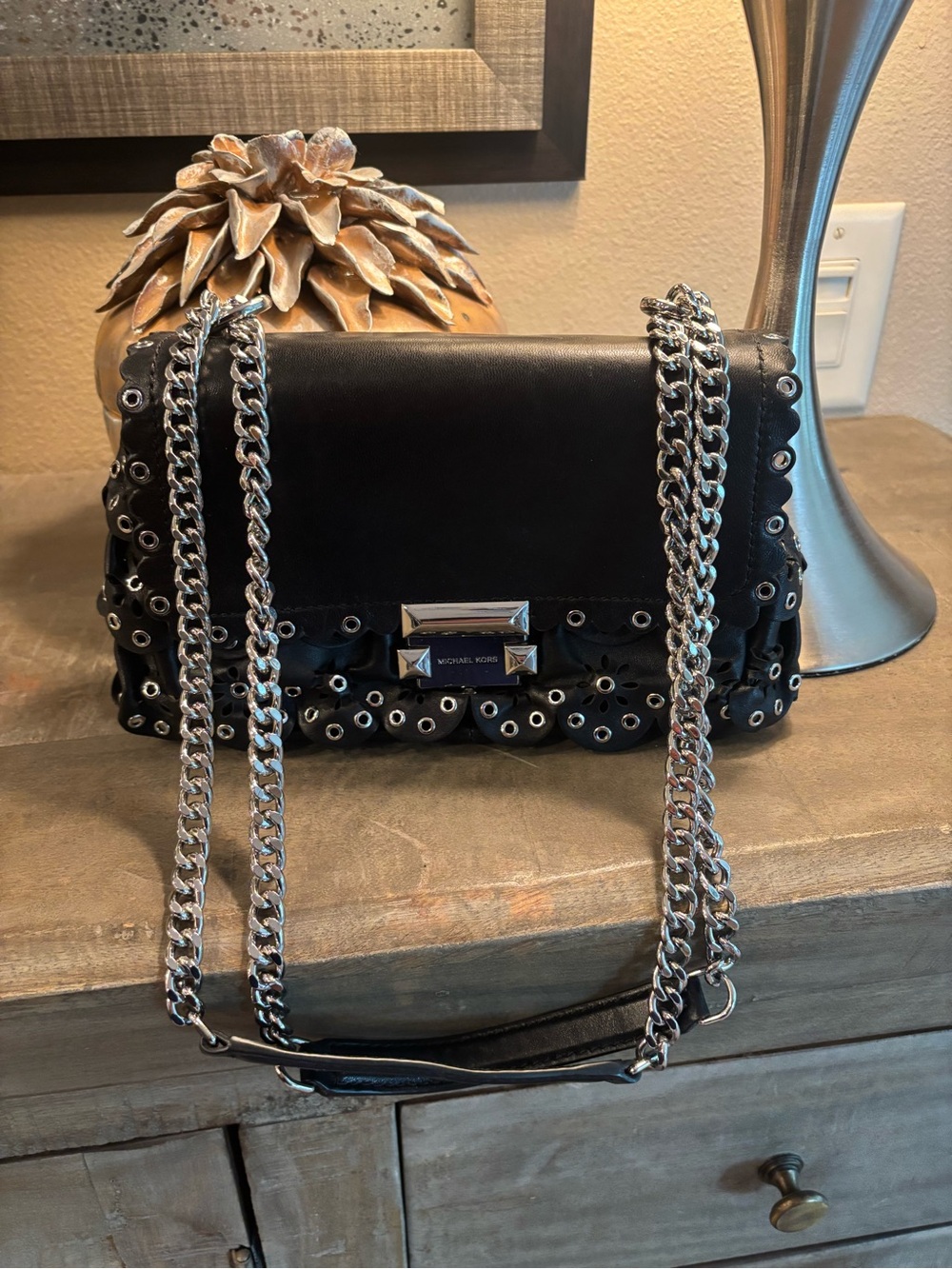 Michael Kors Black Eyelet Chain Crossbody Shoulder Bag